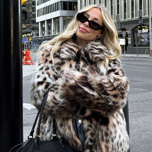 Brown Women's Elegant Leopard Print Faux fur  Side Pockets Coat - Picture 1 of 9